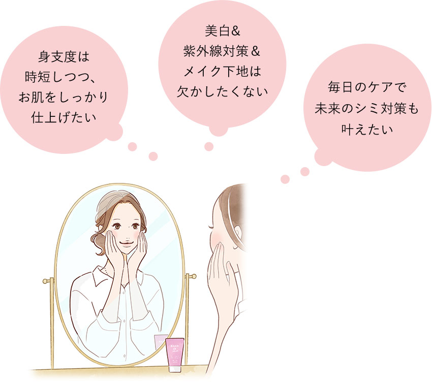 身支度は時短しつつ、お肌をしっかり仕上げたい 美白&紫外線対策&メイク下地は欠かしたくない 毎日のケアで未来のシミ対策も叶えたい