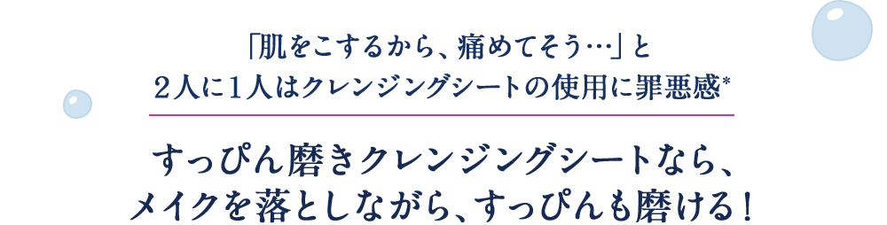 「肌をこするから、痛めてそう…」と２人に１人はクレンジングシートの使用に罪悪感* すっぴん磨きクレンジングシートなら、メイクを落としながら、すっぴんも磨ける！